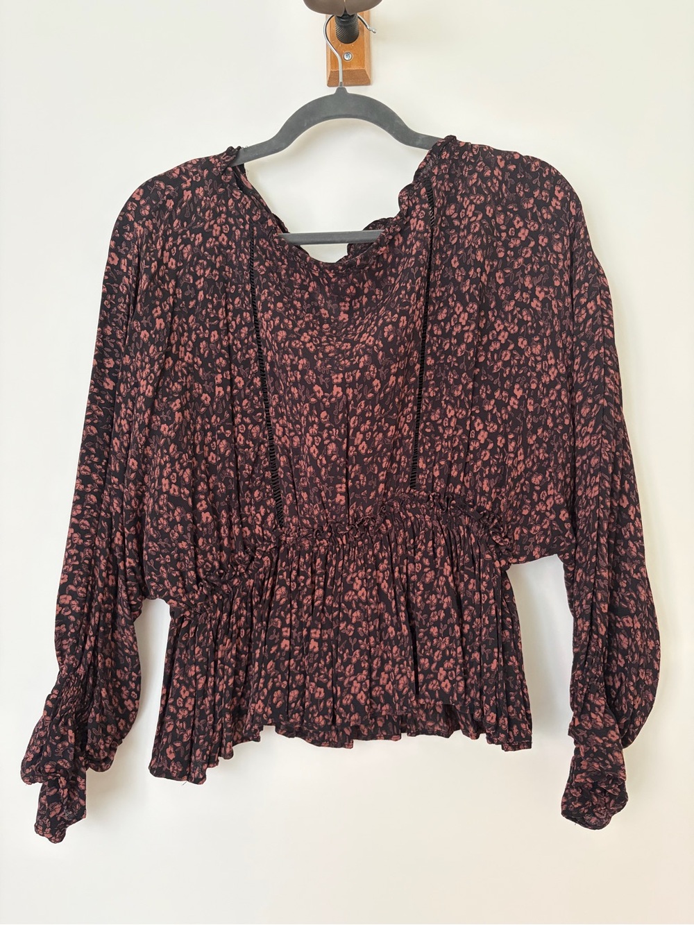 Anthropologie Black & Dusty Rose Floral Peplum Long-Sleeve Blouse